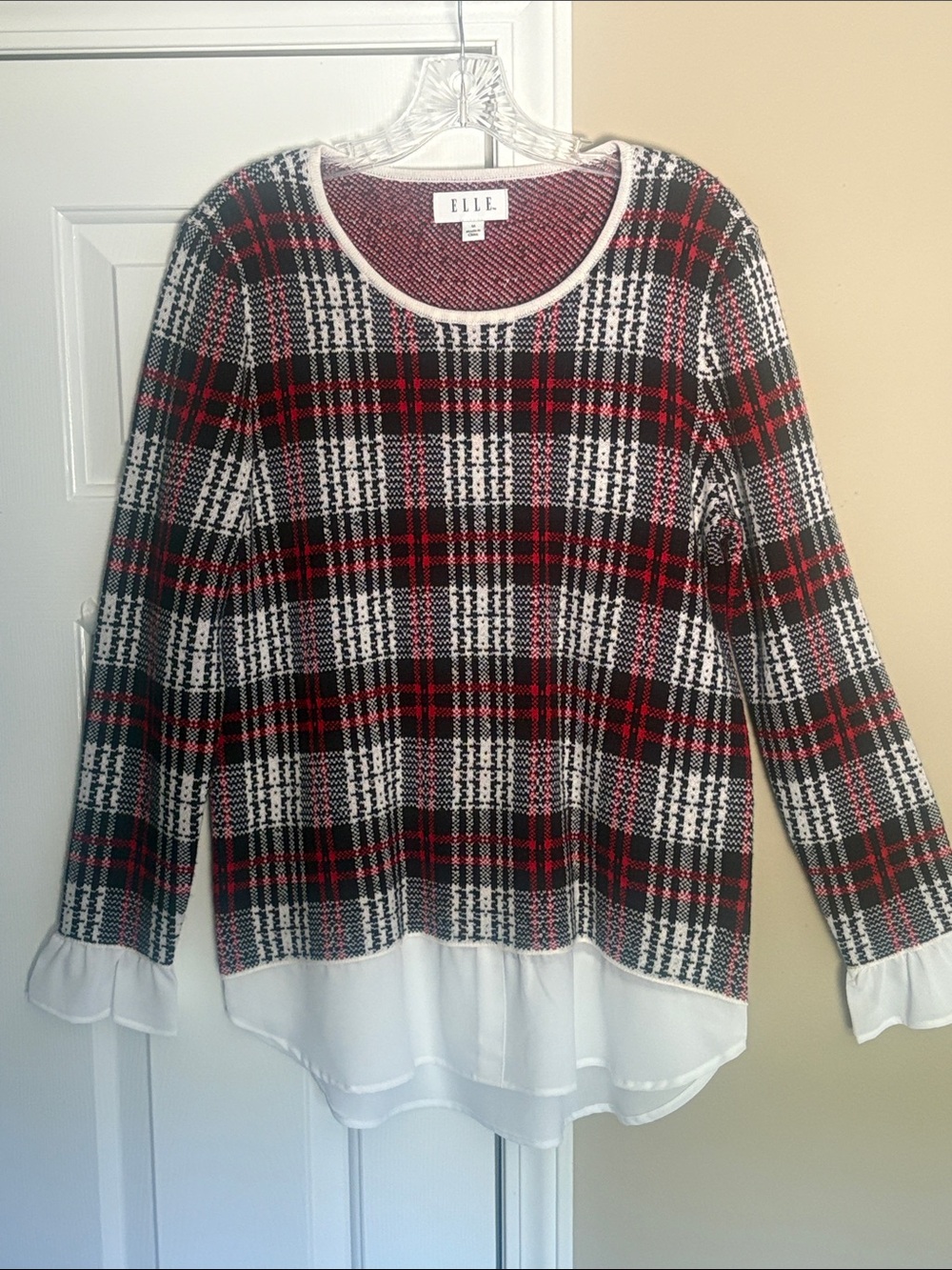 Elle Red Black White Plaid Knit Top with Layered Hem Like New -sz Med